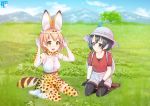  2girls animal_ears backpack bag bangs black_eyes black_gloves black_hair black_legwear blonde_hair blurry bow bowtie brown_shoes bucket_hat circle_name closed_mouth cross-laced_clothes depth_of_field elbow_gloves fur_collar gloves grass hat hat_feather high-waist_skirt holding kaban_(kemono_friends) kemono_friends kisaragi_miyu looking_at_another mountain multiple_girls open_mouth outdoors pantyhose_under_shorts pink_shorts red_shirt seiza serval_(kemono_friends) serval_ears serval_print serval_tail shirt shoes short_hair short_sleeves shorts sitting skirt sleeveless sleeveless_shirt smile striped_tail tail wariza watermark white_hat yellow_eyes 