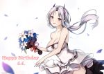  1girl artist_name bare_shoulders blush breasts cleavage closers dated dress floating_hair frilled_dress frills happy_birthday large_breasts levia_(closers) long_hair looking_at_viewer no_bra open_mouth pointy_ears silver_hair solo strapless strapless_dress violet_eyes wedding_dress wind yeoohdam 