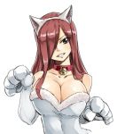  :d animal_ears bare_shoulders bell breasts cat_ears cat_paws cosplay elbow_gloves erza_scarlet fairy_tail fake_animal_ears gloves jingle_bell large_breasts leotard long_hair mashima_hiro official_art open_mouth paws redhead smile strapless teeth upper_body 