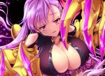  1girl blush breasts cleavage eyebrows_visible_through_hair fate/extra fate/extra_ccc fate_(series) huge_breasts long_hair looking_at_viewer parted_lips passion_lip purple_hair smile solo uchuu_gorira upper_body violet_eyes 