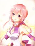  1girl bare_shoulders blush breasts cleavage cleavage_cutout eyebrows_visible_through_hair highres large_breasts long_hair looking_at_viewer parted_lips phantasy_star phantasy_star_online_2 pink_eyes pink_hair smile solo sparkle toki_(toki_ship8) twitter_username 