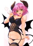  1girl bare_shoulders breasts demon_girl demon_tail demon_wings garter_straps heart highres hips horns large_breasts looking_at_viewer maru-pen navel original pink_hair pointy_ears short_hair smile solo succubus tail thighs wings yellow_eyes 