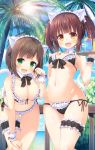  2girls :d alternate_costume animal_ears asa_no_ha bare_shoulders bikini black_bikini blonde_hair blush breasts brown_hair cat_ears cat_tail cleavage coconut_tree cowboy_shot cup day drinking_glass enmaided fake_animal_ears fake_tail frilled_bikini frills green_eyes idolmaster idolmaster_cinderella_girls leaning_forward looking_at_viewer maekawa_miku maid maid_headdress medium_breasts multiple_girls navel ocean ogata_chieri open_mouth palm_tree paw_pose plant small_breasts smile stomach sunlight swimsuit tail thigh_gap thigh_strap tree twintails wrist_cuffs 