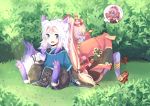  1boy 1girl :d absurdres animal_ears back-to-back blue_skin blush claws day fox_ears fox_tail geta grass highres kitsune long_hair low-tied_long_hair ofuda onmyoji open_mouth outdoors paws pink_hair pointy_ears ponytail sitting smile speech_bubble tail tattoo tiaotiaomeimei white_hair wide_sleeves yufeng_kaete 
