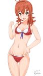  10s 1girl 2017 ahoge arashi_(kantai_collection) bikini breasts clenched_hand cowboy_shot dated front-tie_top groin kantai_collection linfa_lm medium_hair red_bikini redhead short_hair signature simple_background small_breasts solo swimsuit white_background yellow_eyes 