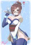  1girl :o bare_shoulders breasts brown_eyes brown_hair collar cowboy_shot dated elbow_gloves eyes_visible_through_hair glass glasses gloves hair_bun hair_ornament hair_stick japanese_clothes kimono large_breasts looking_at_viewer mei_(overwatch) no_bra no_panties obi overwatch sash scarlet_zel short_kimono solo thigh-highs tray 