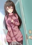  1girl :d akagi_(kantai_collection) alternate_costume black_legwear blurry blurry_background breasts brown_eyes brown_hair hair_between_eyes holding kantai_collection long_hair long_sleeves medium_breasts open_mouth pink_sweater ribbed_sweater smile solo sweater turtleneck turtleneck_sweater yukishiro_arute 