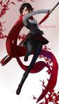  1girl black_boots black_hair black_legwear boots cape character_name cross-laced_clothes english gradient_hair grey_eyes highres long_sleeves looking_away mossi multicolored_hair pantyhose petals red_cape redhead rose_petals ruby_rose rwby scythe short_hair solo two-tone_hair 