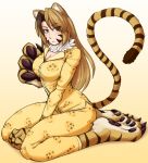  1girl animal_ears bangs black_hair blush breasts brown_hair claws cleavage facial_mark fur hands highres ittla jinko_(monster_girl_encyclopedia) large_breasts long_hair looking_at_viewer monster_girl monster_girl_encyclopedia multicolored_hair orange_eyes pajamas paws simple_background sitting solo streaked_hair striped tail tiger_ears tiger_tail 