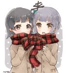  2girls :o arare_(kantai_collection) artist_name blush bow brown_eyes covering_mouth grey_hair hair_bow highres kantai_collection kasumi_(kantai_collection) long_sleeves looking_at_viewer mast multiple_girls nuno_(pppompon) scarf shared_scarf short_hair simple_background sweater teeth upper_body 