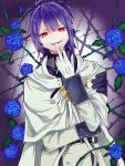  1boy blue_hair blue_rose cape capelet fangs flower gloves lacus_welt long_hair male_focus nukominto open_mouth owari_no_seraph pointy_ears ponytail rose solo thorns upper_body 