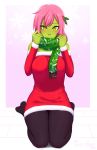  1girl alisa_(razalor) black_legwear blush breasts christmas detached_sleeves dress full_body gradient gradient_background green_eyes green_scarf green_skin hair_ornament light_smile long_hair looking_at_viewer medium_breasts mistletoe multicolored multicolored_eyes no_shoes original pantyhose pink_hair razalor red_dress red_eyes ribbed_dress scarf seiza sitting smile solo strapless strapless_dress yellow_eyes 