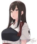  1girl akagi_(kantai_collection) bangs breasts brown_eyes brown_hair dated japanese_clothes kantai_collection large_breasts long_hair looking_at_viewer muneate parted_lips rokuwata_tomoe short_sleeves simple_background solo twitter_username upper_body white_background wide_sleeves 