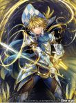  1boy armor blonde_hair copyright_name feathers force_of_will gloves hat lantern long_hair low_ponytail male_focus matsurika_youko official_art scarf solo sparkle star sword weapon yellow_eyes 