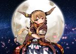  belt blush brown_eyes brown_hair chains cloak crossed_arms cuffs frills full_moon gold_chain grey_skirt horn_ornament horns ibuki_suika jewelry kapiten70 long_hair looking_at_viewer moon petals red_scarf scarf shackles sidelocks skirt sky smile star_(sky) starry_sky tattoo touhou upper_body 