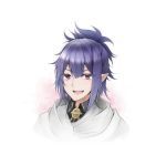  1boy blue_hair cape lacus_welt male_focus nangolf open_mouth owari_no_seraph pointy_ears ponytail portrait red_eyes simple_background solo white_background 