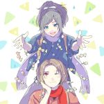  2boys black_hair blue_eyes brown_hair candy earrings food houhou_(black_lack) japanese_clothes jewelry kashuu_kiyomitsu male_focus mole mole_under_eye mole_under_mouth multiple_boys nail_polish open_mouth ponytail red_eyes red_nails scarf smile touken_ranbu yamato-no-kami_yasusada 