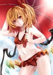  1girl blonde_hair bow breasts collarbone flandre_scarlet hair_bow highres holding holding_umbrella looking_at_viewer navel pointy_ears red_bow red_eyes short_hair small_breasts solo swimsuit tenneko_yuuri touhou umbrella wings 