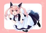  1girl animal_ears apron border bow breasts cat_ears drill_hair faris_nyannyan hair_ribbon heart high_heels long_hair looking_at_viewer maid maid_apron maid_headdress medium_breasts neck_ribbon open_mouth paw_pose pink_background pink_eyes pink_hair ribbon sketch skirt smile solo steins;gate tokiji twin_drills vest wrist_cuffs 