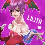  1girl absurdres bat_wings breasts character_name cleavage cleavage_cutout demon_girl dress fang fingernails head_wings heart highres leotard lilith_aensland looking_at_viewer monori_rogue nail_polish pantyhose pink_background pink_eyes purple_hair red_leotard red_nails short_hair small_breasts solo strapless strapless_dress vampire_(game) wings 