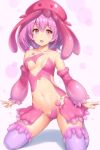  1girl :d arms_at_sides bangs bare_shoulders blush breasts collarbone detached_sleeves groin hat heart jellyfish kneeling long_sleeves looking_at_viewer medium_breasts navel open_mouth original pink_eyes pink_hair purple_legwear revealing_clothes sand-rain sasaame short_hair smile solo stomach thigh-highs 