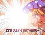  1girl blonde_hair clownpiece fourth_of_july hat jester_cap looking_at_viewer mefomefo open_mouth pink_eyes polka_dot smile solo teeth touhou upper_teeth violet_eyes 