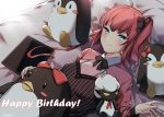  1girl black_bow blue_eyes blush bow character_request closers eyebrows_visible_through_hair hair_bow happy_birthday looking_at_viewer lying on_back redhead short_hair short_ponytail smile yeoohdam 