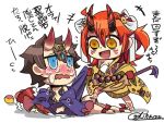  1boy 1girl blue_eyes blush brown_hair chibi fate/grand_order fate_(series) fujimaru_ritsuka_(female) fujimaru_ritsuka_(male) ibaraki_douji_(fate/grand_order) ichiha09 japanese_clothes oni_horns orange_hair polearm riyo_(lyomsnpmp)_(style) short_hair shuten_douji_(fate/grand_order) simple_background stomping twitter_username weapon white_background yellow_eyes 