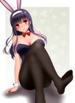  1girl animal_ears black_legwear black_leotard bow bowtie bunny_tail bunnysuit detached_collar fishnet_pantyhose fishnets highres kasumigaoka_utaha kiko_(okuwae) legs_crossed leotard pantyhose purple_hair rabbit_ears red_bow red_bowtie red_eyes saenai_heroine_no_sodatekata solo strapless strapless_leotard tail wrist_cuffs 