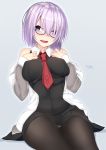  1girl bare_shoulders black-framed_eyewear black_skirt blush breasts commentary_request eyebrows_visible_through_hair fate/grand_order fate_(series) glasses hair_over_one_eye hands_on_own_chest highres jacket large_breasts looking_at_viewer nebusoku necktie off_shoulder open_clothes open_jacket open_mouth pantyhose purple_hair red_necktie shielder_(fate/grand_order) short_hair signature simple_background sitting skirt smile solo teeth thighs violet_eyes wide_hips 