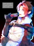  1boy black_hair blood braid capelet character_name crowley_eusford dated fangs glass gloves happy_birthday male_focus multicolored_hair open_mouth owari_no_seraph pointy_ears red_eyes redhead solo teeth two-tone_hair upper_body 