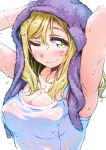  1girl armpits arms_up ayumu-k blonde_hair blush breasts cleavage commentary_request highres long_hair looking_at_viewer love_live! love_live!_sunshine!! medium_breasts ohara_mari one-piece_swimsuit one_eye_closed see-through shiny shiny_clothes shiny_hair shiny_skin simple_background smile solo swimsuit taut_clothes towel towel_on_head wet white_background white_swimsuit yellow_eyes 