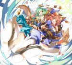  2girls animal_ears blush brown_eyes commentary_request fate/extra fate/grand_order fate_(series) fox_ears green_eyes green_hair horns inazuma_kick kiyohime_(fate/grand_order) multiple_girls open_mouth redhead shino_(eefy) tamamo_(fate)_(all) tamamo_no_mae_(fate) 