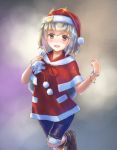  1girl :d aoyuki bead_bracelet beads blush bracelet brown_eyes brown_shoes hair_ornament hat highres jewelry leaf_(sennen_sensou_aigis) light_brown_hair looking_at_viewer open_mouth over_shoulder sack santa_costume santa_hat sennen_sensou_aigis shoes shorts smile solo standing 