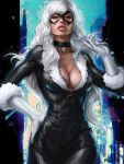  1girl black_bodysuit black_cat_(marvel) black_choker bodysuit breasts choker cleavage commentary curvy elbow_gloves felicia_hardy fur-trimmed_sleeves fur_trim gloves green_eyes hair_twirling hand_on_hip large_breasts lips long_hair looking_at_viewer marvel mask parted_lips revision signature solo standing stanley_lau white_gloves white_hair 