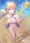  1girl ahoge artoria_pendragon_(all) artoria_pendragon_(swimsuit_archer) beach bikini blonde_hair breasts clouds excalibur fate/grand_order fate/stay_night fate_(series) green_eyes highres looking_at_viewer perspective running saber side-tie_bikini sky small_breasts solo starfish swimsuit sword twitter_username water_gun weapon yonezawa_mao 
