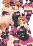  1girl animal_ears armpits arms_up ass bangs bare_shoulders black_shirt blush breasts brown_hair bunny_tail cowboy_shot flipped_hair highres hunter_x_hunter large_breasts looking_at_viewer microphone minakami_(flyingman555) multiple_views open_mouth panties parted_lips pink_skirt piyon_(hunter_x_hunter) rabbit_ears shirt short_hair skirt sleeveless sleeveless_shirt spread_legs striped striped_legwear tail thigh-highs underwear violet_eyes white_panties 