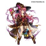  1girl bank_of_innovation belt black_hat boots brown_boots cage copyright cryptract earrings hair_ornament hat hat_feather holding holding_staff jewelry long_hair looking_at_viewer pink_eyes pink_hair slime socks solo staff standing very_long_hair white_legwear witch_hat x_hair_ornament 