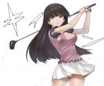  &gt;:( 1girl a1 breasts brown_hair closed_mouth commentary_request cowboy_shot eyebrows_visible_through_hair girls_und_panzer gloves gluteal_fold golf_club holding large_breasts long_hair looking_away nishizumi_shiho panties pink_shirt shirt short_sleeves single_glove skirt solo swinging tsurime underwear white_background white_gloves white_panties white_skirt 