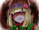  1girl absurdres angry arms_(game) bangs beanie blonde_hair chinese_clothes facepaint green_eyes hat highres looking_at_viewer mask min_min_(arms) short_hair solo 