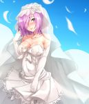  1girl blush breasts bridal_veil cleavage dress eyebrows_visible_through_hair fate/grand_order fate_(series) hair_over_one_eye hairband highres large_breasts looking_at_viewer pink_hair shielder_(fate/grand_order) short_hair smile solo tenneko_yuuri veil violet_eyes wedding_dress white_dress 