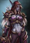  1girl abs absurdres armor blue_skin boots bow breasts dandon_fuga feathers gloves highres hood huge_filesize large_breasts pointy_ears red_eyes solo sylvanas_windrunner thigh-highs thigh_boots toned warcraft weapon world_of_warcraft 