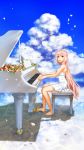  1girl aesice bare_shoulders barefoot brown_eyes clouds cloudy_sky dress feet flower highres instrument lips long_hair original petals piano pink_hair rose sitting sky smile solo very_long_hair 
