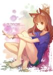  1girl absurdres ahoge animal_ears artist_name barefoot bracelet brown_hair closed_mouth dated feet fox_ears fularika grass highres jewelry long_hair looking_at_viewer original pixiv_username red_eyes shorts sitting sketch smile solo toes watermark web_address 