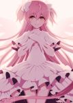  +_+ 1girl artist_name blush bow eyebrows_visible_through_hair goddess_madoka hair_bow hynori kaname_madoka looking_at_viewer mahou_shoujo_madoka_magica orange_eyes pink_hair short_hair smile solo thigh-highs white_bow white_legwear 