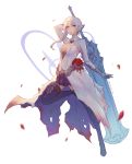  1girl black_legwear blue_eyes breasts cleavage dress gloves holding holding_sword holding_weapon koyoriin looking_at_viewer petals simple_background sinoalice snow_white_(sinoalice) solo sword thigh-highs weapon white_background white_hair 