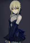  1girl bag bangs bare_legs bare_shoulders black_dress blonde_hair bow braid breasts cleavage_cutout dress elbow_gloves eyebrows eyebrows_visible_through_hair fate/stay_night fate_(series) gloves grey_background hair_between_eyes hair_bow hair_up holding holding_bag looking_at_viewer saber saber_alter shiny shiny_skin shopping_bag sidelocks sleeveless sleeveless_dress small_breasts v_arms walzrj yellow_eyes 