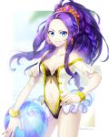  1girl ball bare_shoulders beachball blue_eyes blush breasts cleavage closed_mouth collarbone earrings hand_on_hip highres holding holding_ball jewelry long_hair looking_at_viewer medium_breasts miyakawa_koromo navel original purple_hair smile solo standing twitter_username 