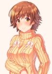  1girl absurdres bangs blush bow breasts brown_eyes brown_hair commentary_request highres honda_mio idolmaster idolmaster_cinderella_girls keffiy looking_at_viewer medium_breasts orange_sweater ribbed_sweater short_hair simple_background smile solo sweater swept_bangs turtleneck turtleneck_sweater 