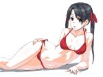  1girl bikini black_eyes black_hair breasts byeontae_jagga hair_ribbon kantai_collection long_hair lowleg lowleg_bikini lying mikuma_(kantai_collection) navel on_side parted_lips red_bikini red_ribbon ribbon side-tie_bikini simple_background small_breasts solo swimsuit twintails white_background 